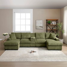 U Shaped Cloud Sofa w/Console, Cup Holder, USB, Double Chaise Green