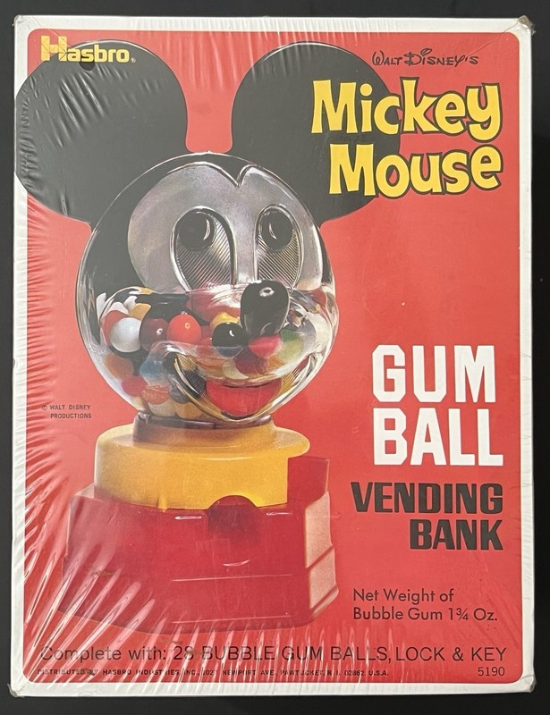 Vintage 1968 Hasbro SEALED Disney, Mickey Mouse Gum Ball Vending Bank Clear Face
