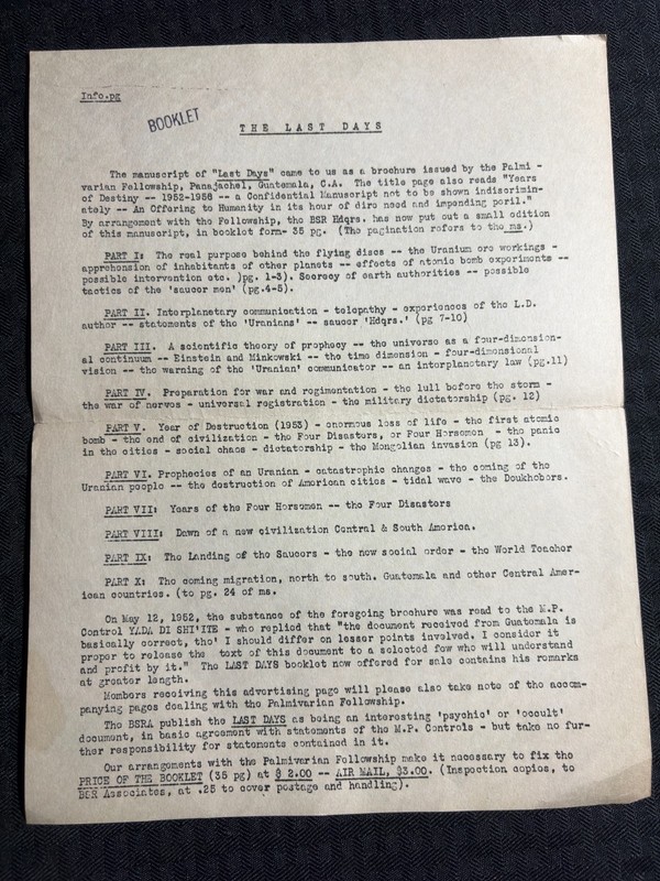 1950's THE LAST DAYS Booklet 1pg UFO Info Page VG 4.0 Flying Discs & Saucers
