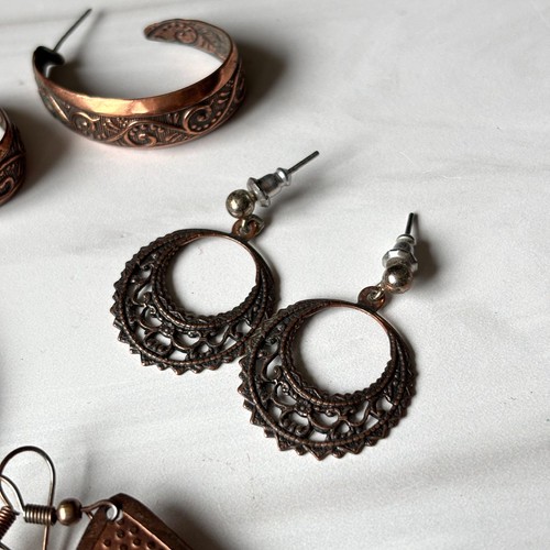 Copper Tone Earring Lot Mixed Styles Boho Ornate Dangle 4 Pairs Post Hoop - Picture 5 of 10