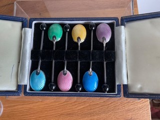 Vintage T&S Birmingham Hallmarked argento massiccio smalto 6 cucchiaini da caffè in scatola 1964