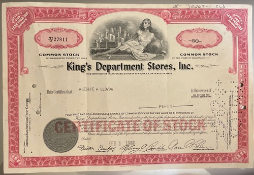 King's Department Stores, Inc. Stock Certificate