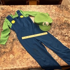Disguise Super Mario Luigi Boys Jumpsuit Costume w/ Hat 4-6 - see pics stains 