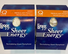 L'eggs Sheer Energy Regular Pantyhose (2)  Sz Queen White Reinforced Toe Vintage