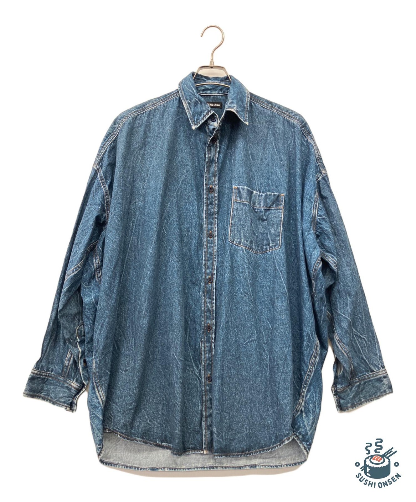 BALENCIAGA Transfer print denim shirt Size: S Navy Men 641434 TJW37