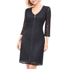 Laundry by Shelli Segal Black Floral Lace Zip Front Sheath Dress 3/4 Sleeve 6