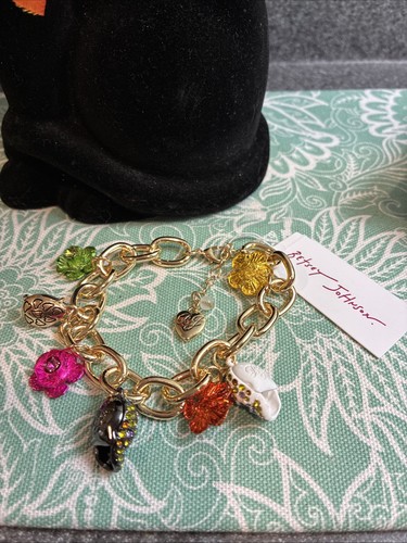 Betsy Johnson Gold Tone Flower & Sugar Skull Charm Bracelet Rhinestone Crystal - Picture 5 of 8