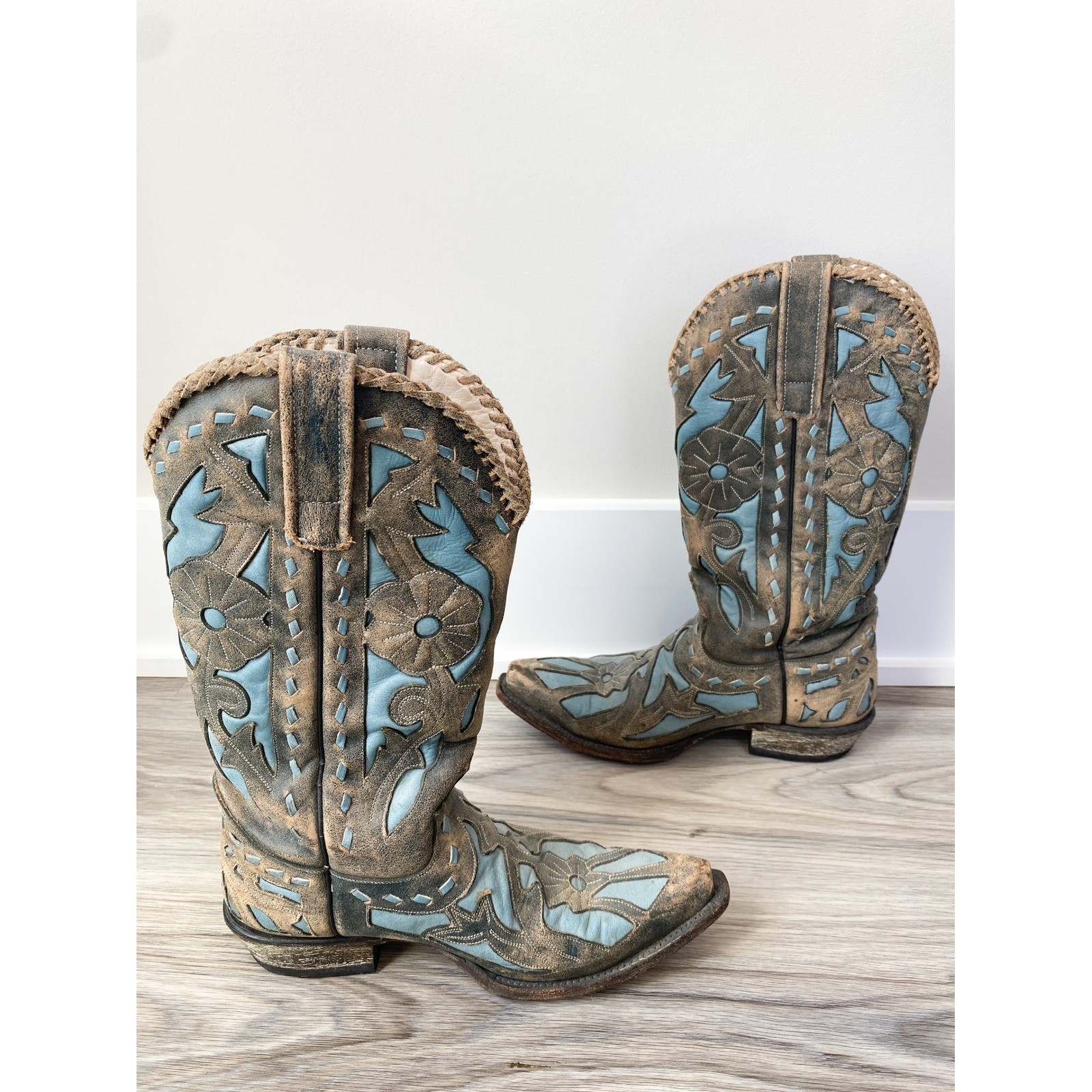 Lane Jolene Tooled Inlay Floral Snip Toe Tall Cowboy Boots 7 Blue Grey Western image 5