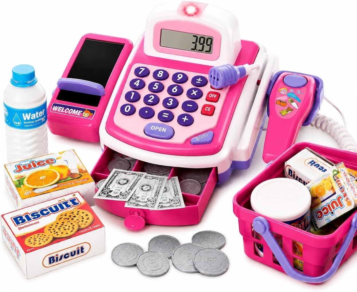 как выглядит Pink Toy Cash Register with Food Basket - Kids Pretend Play фото