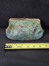 Vintage Coin Purse 7" Women's Small Clasp Green Bag Floral Embroidery Pattern