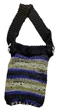 Handmade On Of A Kind Purple Green And Grey Knitted Sack Bag With Buttons
