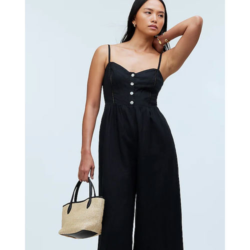 Madewell Sleeveless Wide Leg Jumpsuit Linen Black Sweetheart Cropped US 2 NWT - Picture 2 of 16
