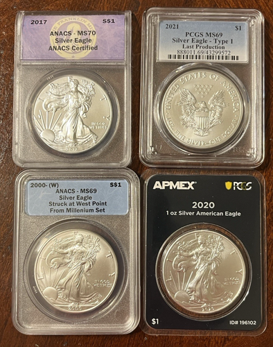 4 American Silver Eagles. One MS70 & 2 MS69s.  AMPEX First Strike, ANACS & PCGS.