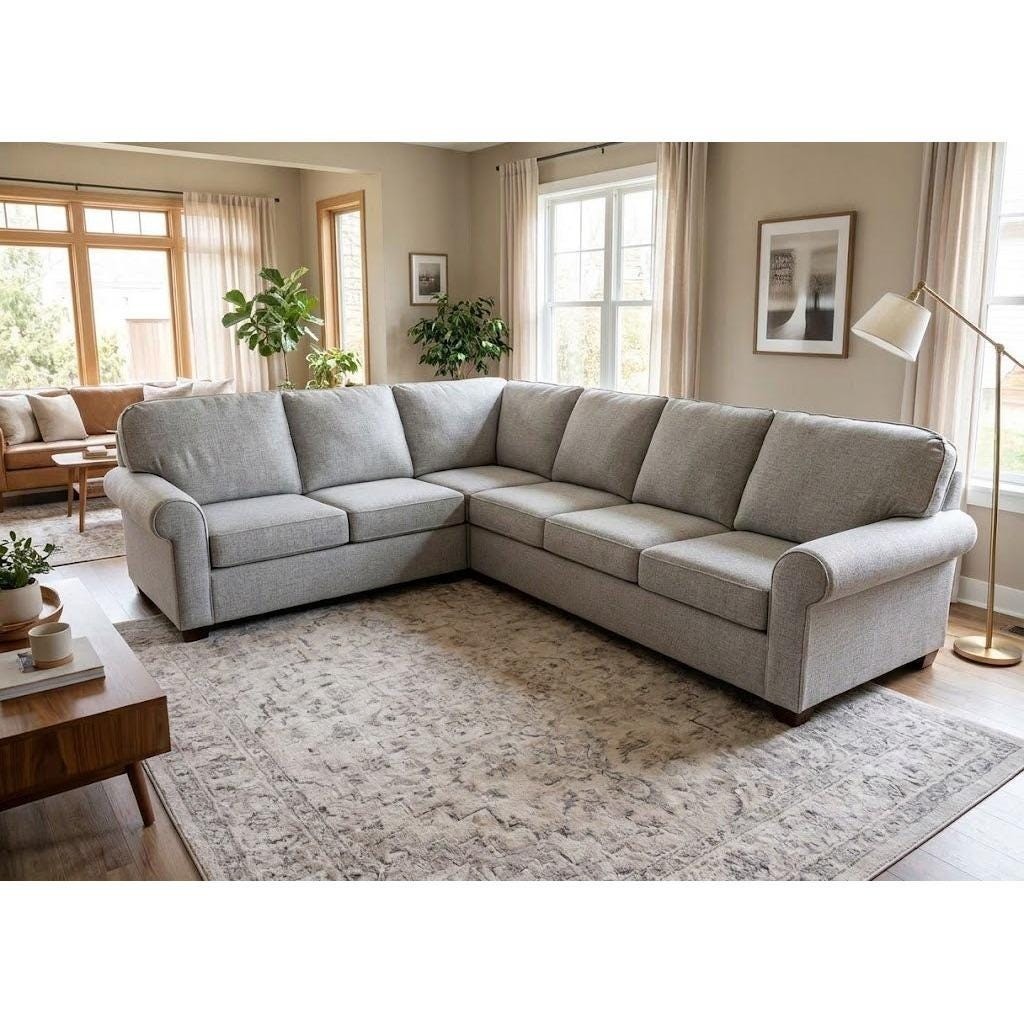 Flexsteel L-Shaped Sectional Sofa Light Gray Textured Fabric Rolled Arms