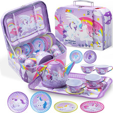 Unicorn Tea Party Set for Little Girls, Pretend Purple Tin Teapot Set, Princess