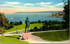 Massasoit Statue Overlooking Plymouth Harbor Plymouth MA Chrome Postcard B85