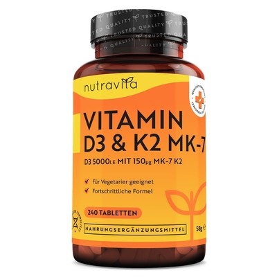 Vitamin D3 K2 High Dose - 240 Tablets- 5000IE Bone & Muscle Health Immune System