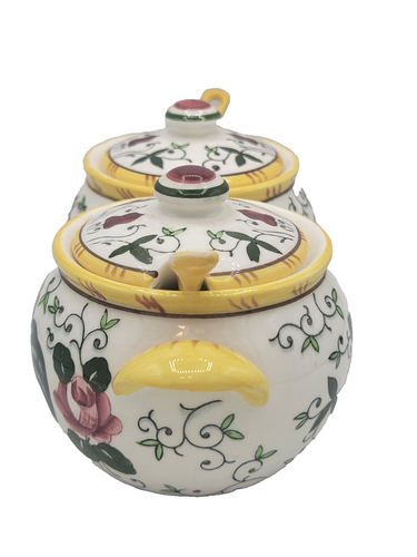 PY Early Provincial Rooster And Roses Ucago Jam Jelly Pots 1950's Hand Painted - Picture 2 of 8