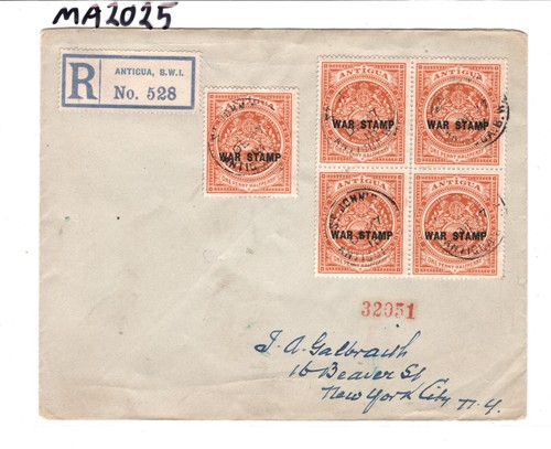 ANTIGUA Cover *WAR TAX* 1.5d BLOCK{4} St John's Registered 1919 New York MA2025 - Picture 9 of 10