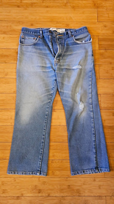 Levis 517 Denim Distressed Boot Cut Blue Jeans 36 30 Red Tab
