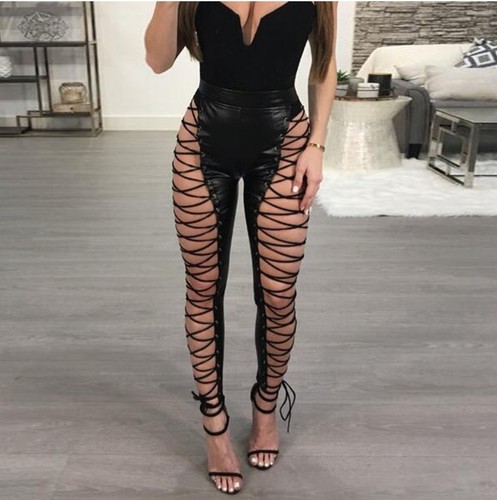 Women Lace UP Hollow Out PU Sexy Pants High Waist Skinny Bandage Club  Trousers C | eBay