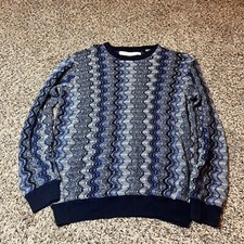 Perry Ellis Sweater Knit Blue Wave Pattern Crew Neck Pullover No Size