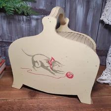 VTG Wooden Sewing Box Rolltop Lid Handle Cat Yarn Stenciled Detail Yellow 12"