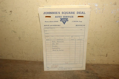 Vintage 1960's Johnnie's Square Deal Conoco Gas Station Receipt Book Sign