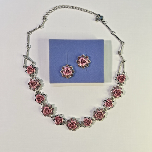 Vintage Nina Ricci Avon Silver Pink Roses Necklace & Matching Post Earrings Set