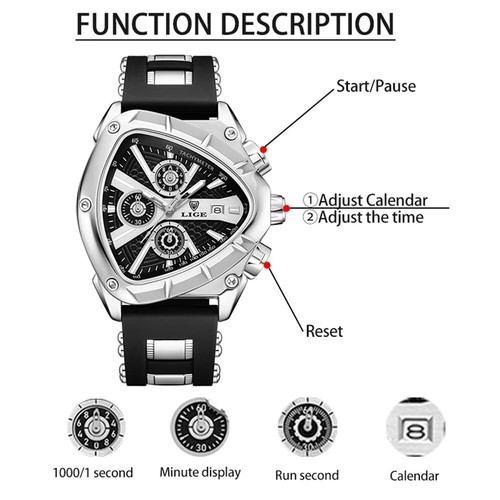 LIGE Men Watch Triangle Big Case Boy Sport Wristwatch Silicone Chronograph Watch - Picture 6 of 29