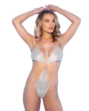 MIAMI CRYSTAL MIRRORED TEDDY WITH CHAIN TASSEL DETAIL SILVER S/M-QN