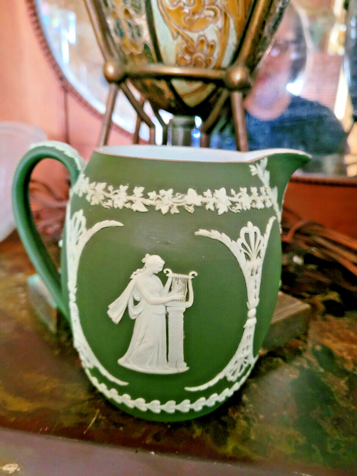  Wedgwood Olive Green Jasperware Pitcher Classical Relief~Exquisite~Antique 