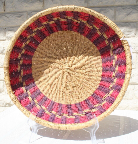 Ghana Bolga wall Basket Bowl Pink Red hand Woven West Africa 14"