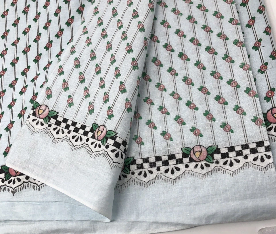 Tela Mary Engelbreit 3 yardas azul rosa rosas borde a cuadros 44" x 108" Foto 4 de 4