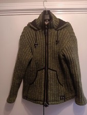 Thc Natural Line Hand Knitted 100% Pure Wool Hooded Jacket Cardigan Nepal Zip M