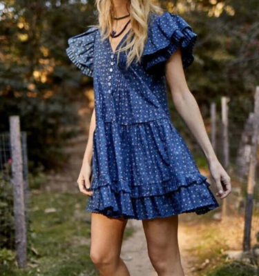 Hunter Bell Virginia Mini Dress SMALL Navy Blue Floral Ruffles Flutter  Sleeves | eBay