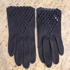 Vintage Size S Black Stretch Cotton Formal 7.5" Gloves Mesh Cutout Geometric