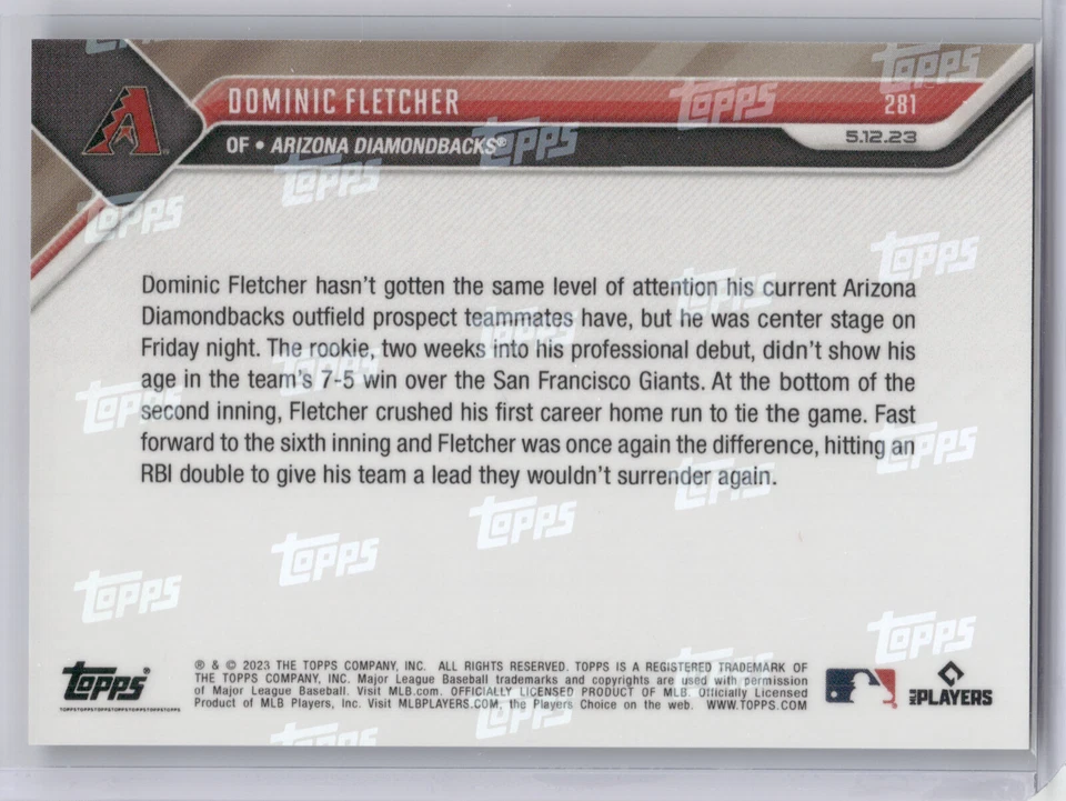 🟦 DOMINIC FLETCHER Rookie 1st HR 2023 Topps Now 281 Diamondbacks BLUE 02/49 📈 - Image 2 of 2