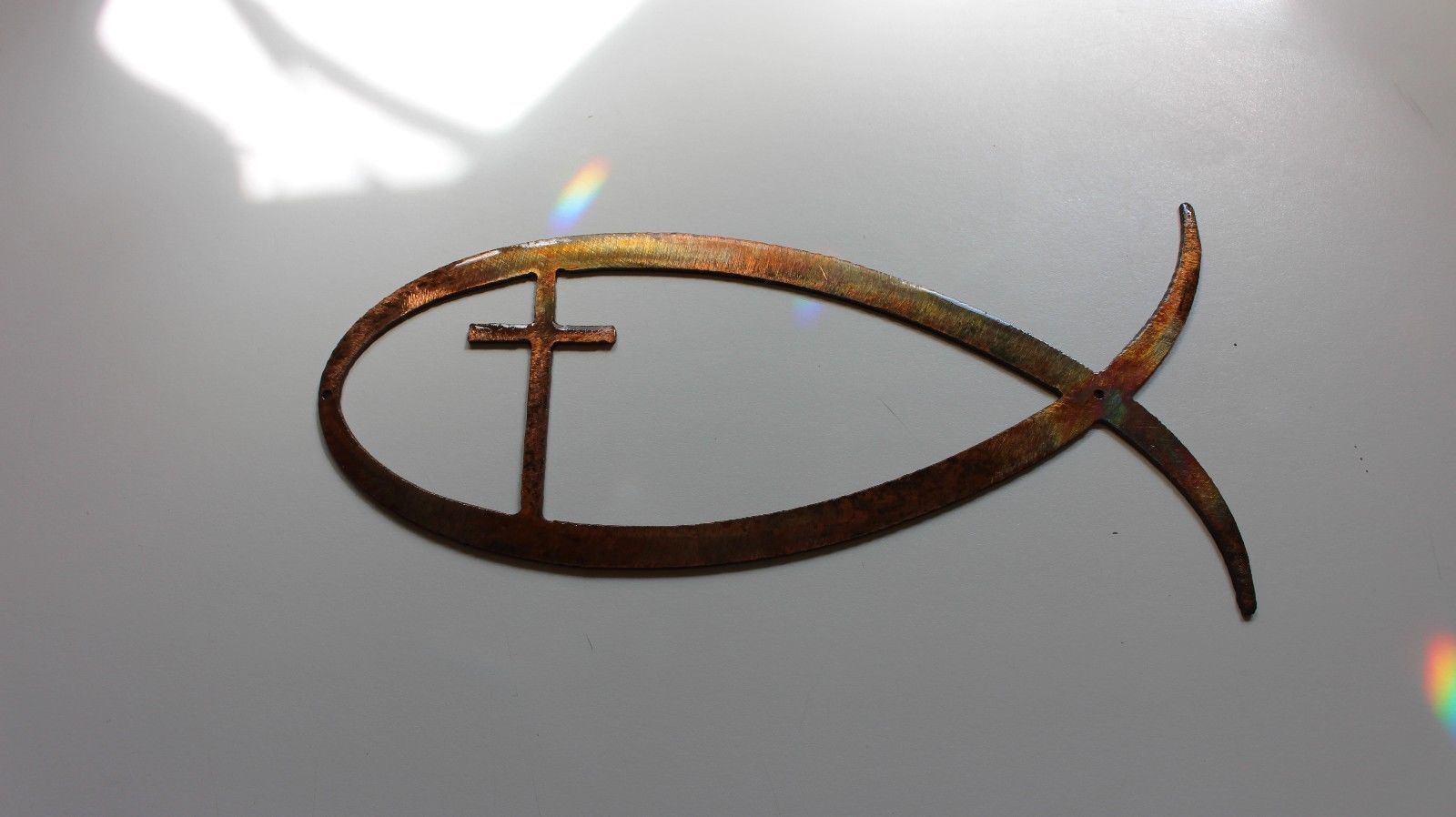 Metal Wall Art Decor Christian Fish Symbol  with Cross 24" Copper/Bronze Plated