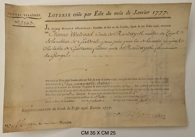 LOTTERY TICKET 150 LIVRES CREATED BY EDIT OF JANUARY 1777 FRANCE 