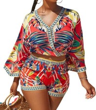 Women  s 2 Piece Red Tropical Crop Top Lounge Wear Short Set Size XL