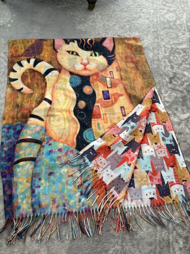 Pashmina Scarf Cat Gustav Klimt Print Fringed Purchased in UK Super Soft NWOT - Picture 2 of 8