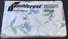 One Vintage Fieldcrest Twin Fitted Sheet New Floral Blue Rose Percale USA