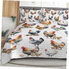BlessLiving Oil Painting Printed Quilt Set 3 Pieces Cartoon Color King Rooster
