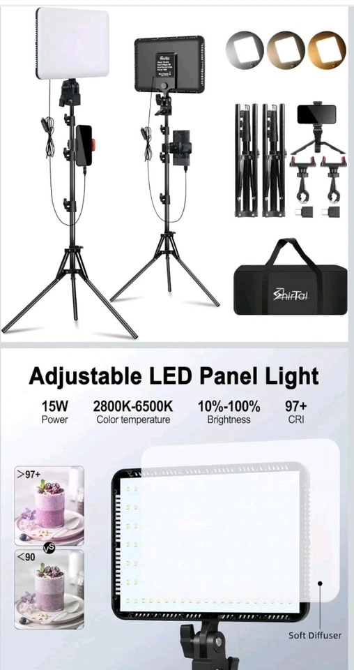 12" LED Video Light Kit,2-Pack Photography Lighting Kit,73" Height 2800-6500K. - Image 2 of 4