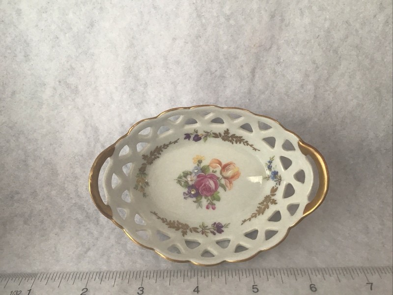 Dresden Florals Reticulated Porcelain Double Handled Oval Bowl Germany 4 1/2”