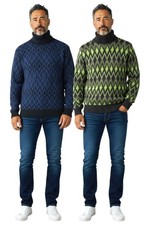 Mens High Neck Argyle Christmas Diamond Knit Sweater Jumper Pullover Tops