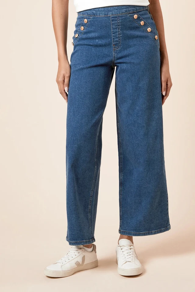 Dorothy Perkins Womens Jeans Blue Wide Leg Military Button Detail Cotton - Image 2 of 4