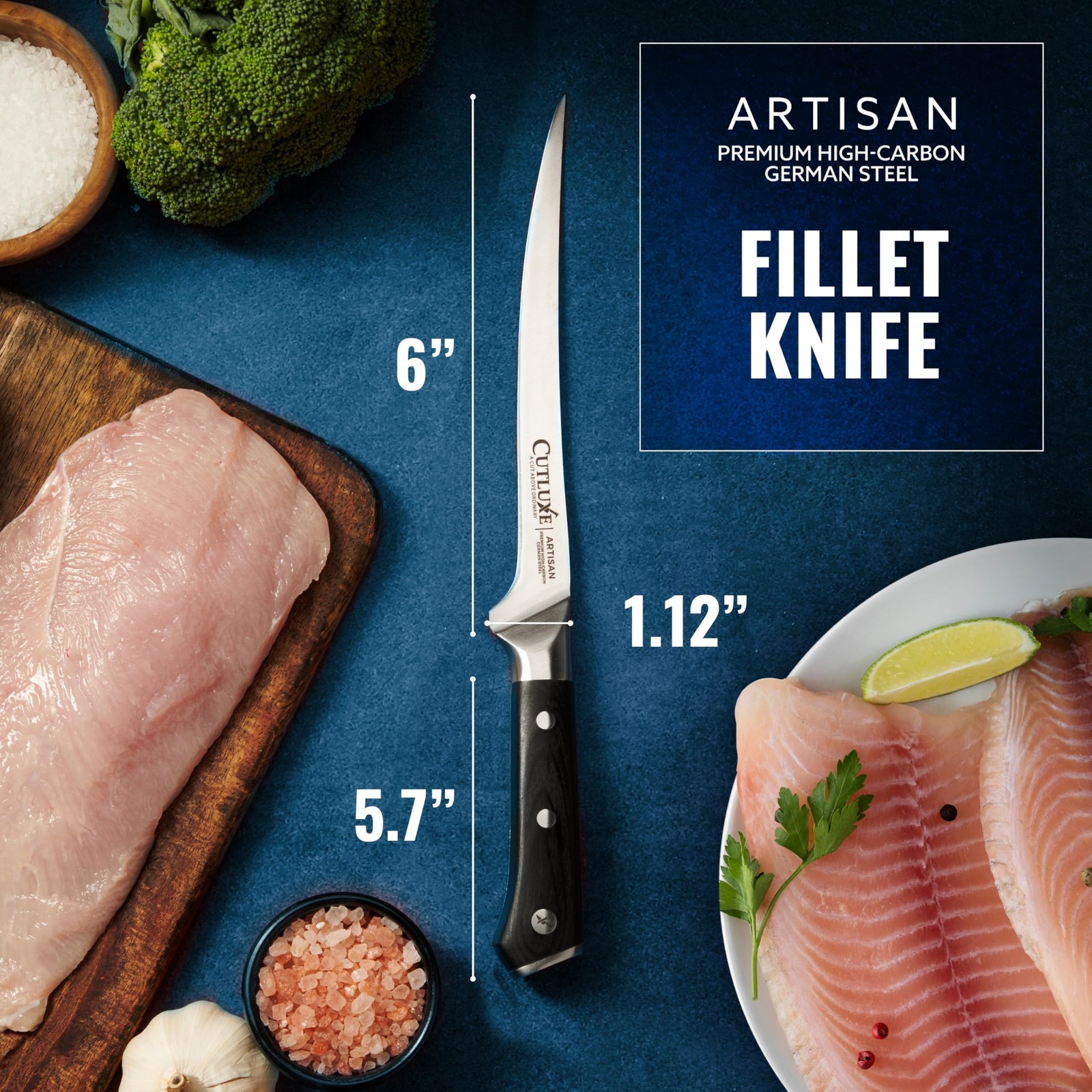 Cutluxe 7" Fish & Meat Fillet Knife—Boning, Flexible, High Carbon German Steel