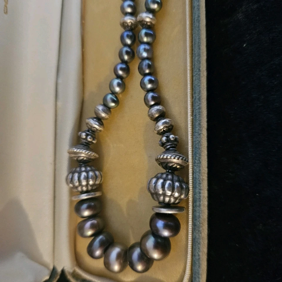 Vintage 925 Silver Genuine OYSTER CULTURED PEARL TIBETAN SILVER DISK Necklace - image 3 of 4